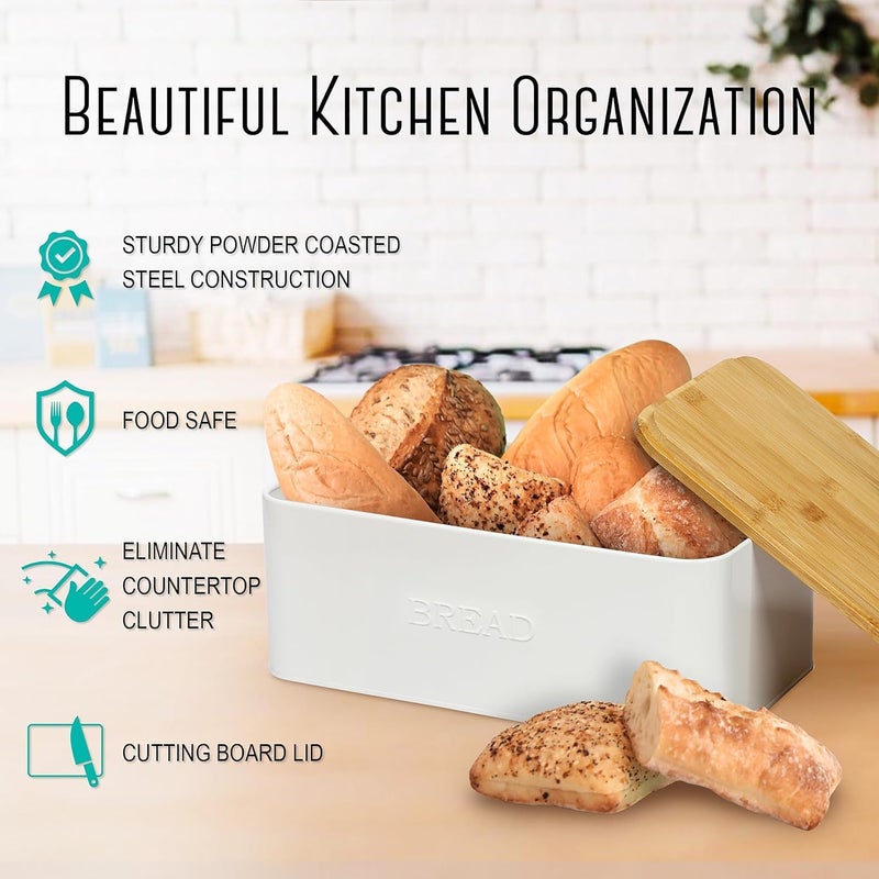 Outshine White Bread Box for Kitchen Countertop, Small Storage Container with Bamboo Lid, Modern Kitchen Organizer for Sourdough, Buns, and Loaves, Bread Storage with Cutting Board Lid - Image 3